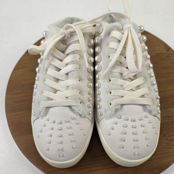 Stuart Weitzman Shoes‎ Womens Size 9 White Pearl Studded Faux Fur Mule Sneakers - Picture 4 of 16